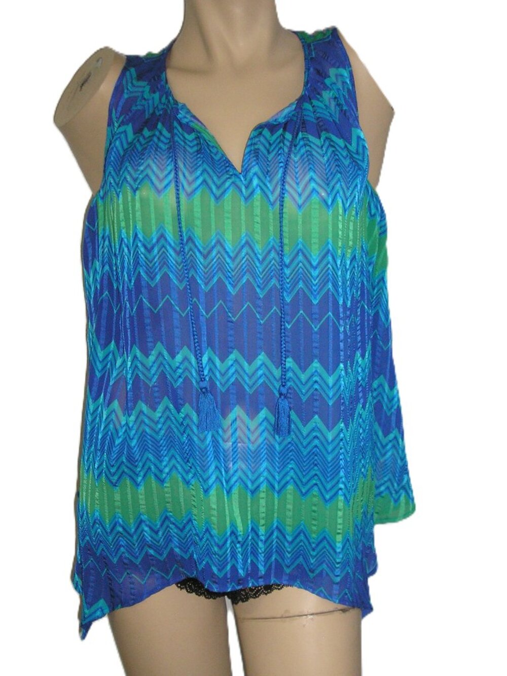 Stylus Tassel Detail Sheer Top, Size Large